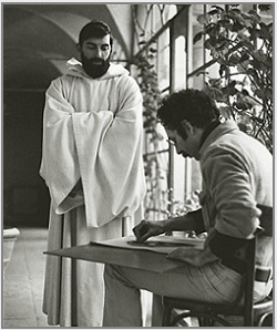 Stanley Roseman drawing Brother Emilio in the Monastery Cloister, Camaldoli, Tuscany, 1979.  Photo by Ronald Davis