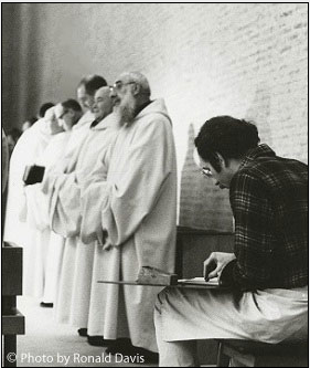 Stanley Roseman drawing Trappist monks in Choir, St. Sixtus Abbey, Flanders.  Photo by Ronald Davis