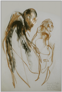 Drawing by Stanley Roseman, "Two Trappist Monks at Vigils," 1982, Abbey of La Trappe, France, chalks on paper, Private collection, Michigan.  Stanley Roseman.