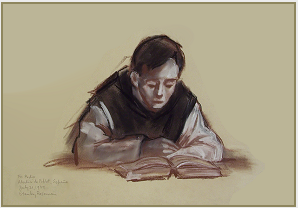 Drawing by Stanley Roseman, Brother Pedro in the Library, 1979, Abbey of Poblet, Spain, chalks on paper, Private collection, New York.  Stanley Roseman
