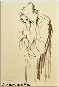Drawing by Stanley Roseman, A Carthusian Monk at Vigils, 1982, Chartreuse de la Valsainte, Switzerland, chalks on paper, Muse Ingres, Montauban.  Stanley Roseman.