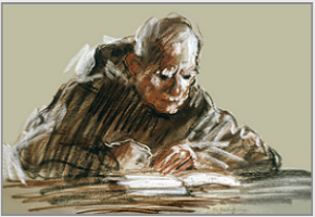 Drawing by Stanley Roseman, Brother Adelbert absorbed in Reading,1978, St. Adelbert Abbey, the Netherlands, chalks on paper, Private collection, Holland.  Stanley Roseman