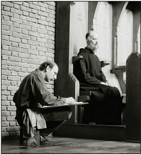 Stanley Roseman drawing Brother Thijs in choir, St. Adelbert Abbey, the Netherlands, 1997.  Photo by Ronald Davis