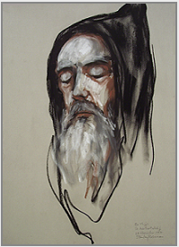 Drawing by Stanley Roseman, " Brother Thijs, Portrait of a Benedictine Monk in Prayer, 1997, St. Adelbert Abbey, the Netherlands, chalks on paper, Collection St. Adelbert Abbey.  Stanley Roseman