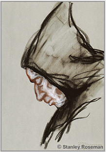 Drawing by Stanley Roseman, "Padre Valeriano in Prayer," 1998, Abbey of San Pedro de Cardena, Spain, chalks on paper, Victoria and Albert Museum, London.  Stanley Roseman.