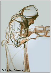 Drawing by Stanley Roseman, "A Trappist Nun Carrying a Tray of Cheeses in the Fromagerie," 1998, Abbaye d'Echourgnac, France, chalks on paper, Private collection, France.  Stanley Roseman
