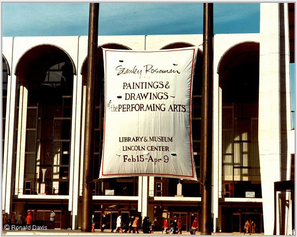 Lincoln Center Plaza with the banner announcing the exhibition "Stanley Roseman - The Performing Arts in America" at the Library and Museum of the Performing Arts, Lincoln Center, New York City, 1977.  Ronald Davis