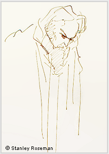 Pen and bistre ink drawing by Stanley Roseman of Morris Carnovsky as King Lear at the 1975 American Shakespeare Festival, Private collection.  Stanley Roseman