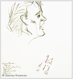 Drawing by Stanley Roseman of Richard Burton in "Equus," 1976, pencil on paper. Drawing autographed and inscribed, "To Stan many thanks Richard Burton."  Stanley Roseman