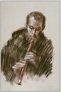 Drawing by Stanley Roseman, "Brother Florian playing the Recorder, 1978, Tyniec Abbey, Poland, chalks on paper, Private collection, Switzerland.  Stanley Roseman.