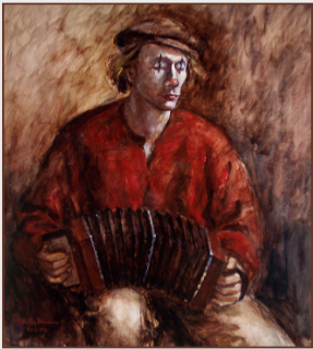 Painting by Stanley Roseman, Christophe playing the Accordion, Paris, 1995, oil on canvas, Collection of the artist.  Stanley Roseman