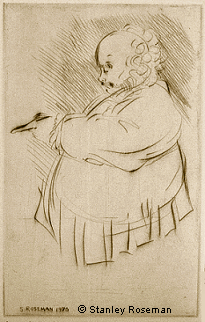 Drypoint engraving by Stanley Roseman of Sir Geraint Evans as Falstaff, 1976,  in the Lyric Opera of Chicago production of Verdis Falstaff, National Gallery of Wales, Cardiff.  Stanley Roseman