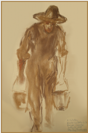 Drawing by Stanley Roseman, Brother Estaban carrying feed to the Livestock, 1979, Abbey of San Pedro de Cardea, Spain, chalks on paper, Private collection, Switzerland.  Stanley Roseman  