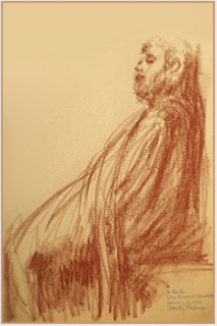 Drawing by Stanley Roseman, "The Young Hermit Monk Paolo in Choir," 1979, Sacro Eremo di Camaldoli, Italy, chalks on paper, Musées Royaux des Beaux-Arts de Belgique – Art Moderne, Brussels. © Stanley Roseman.