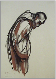Drawing by Stanley Roseman, "A Cistercian Monk at Vespers, 1998, Abbey of Chiaravalle Milanese, Italy, chalks on paper, Private collection.  Stanley Roseman