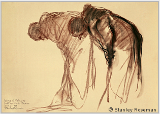 Drawing by Stanley Roseman, “Two Monks Bowing in Prayer,’’ 1979, Abbey of Solesmes, France, chalks on paper, National Gallery of Art, Washington, D.C. © Stanley Roseman
