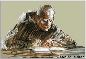 Drawing by Stanley Roseman, “Brother Adelbert absorbed in Reading,’’1978, St. Adelbert Abbey, the Netherlands, chalks on paper, Private collection, Holland. © Stanley Roseman