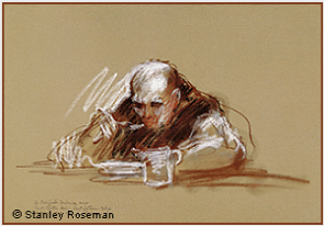 Drawing by Stanley Roseman, “A Trappist Monk at Dinner,’’1978, St. Sixtus Abbey, Belgium, chalks on paper, Musée des Beaux-Arts, Bordeaux. © Stanley Roseman