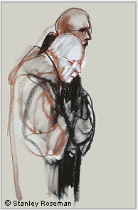 Drawing by Stanley Roseman, "Two Benedictine Monks at Lauds,� 1999, Elmore Abbey, England, chalks on paper, Private collection, Switzerland. � Stanley Roseman.