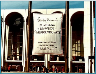 Lincoln Center Plaza with the banner announcing the exhibition "Stanley Roseman - The Performing Arts in America" at the Library and Museum for the Performing Arts, Lincoln Center, New York City, 1977. © Ronald Davis